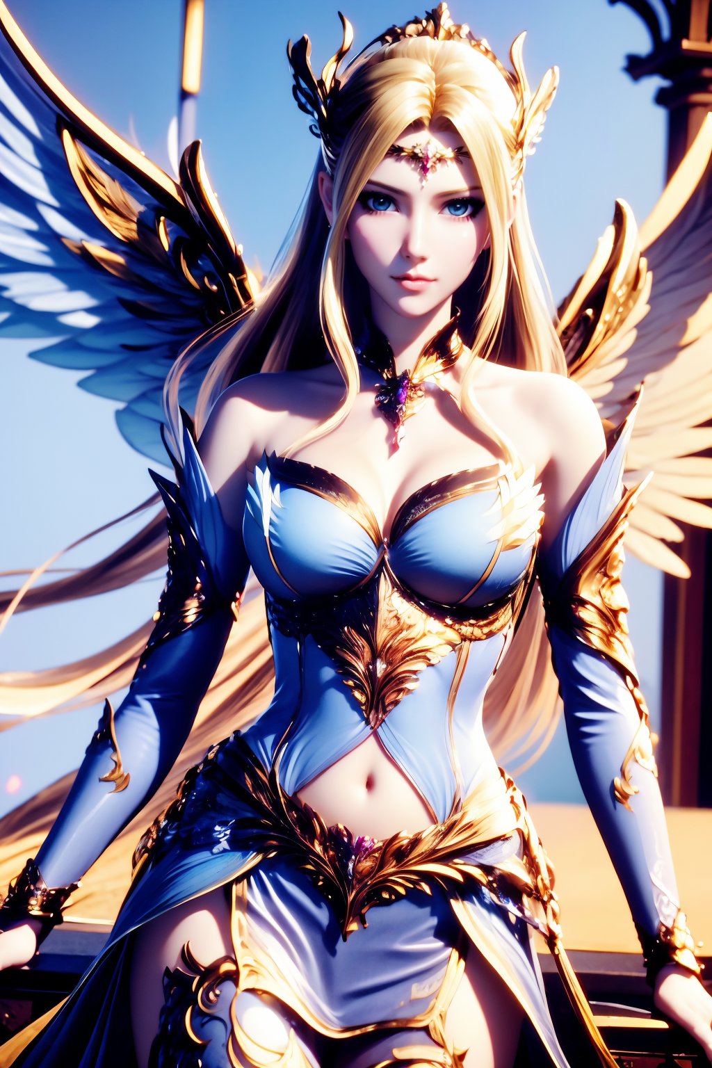 1girl, solo, blonde hair, long hair, blue eyes, breasts, navel, wings, looking at viewer, bare shoulders, hair ornament, pillar, armor, thighhighs, cleavage, medium breasts, closed mouth, detached sleeves, pink armored dress, angel wings, blurry background, jewelry, feathered wings, blurry, cowboy shot,