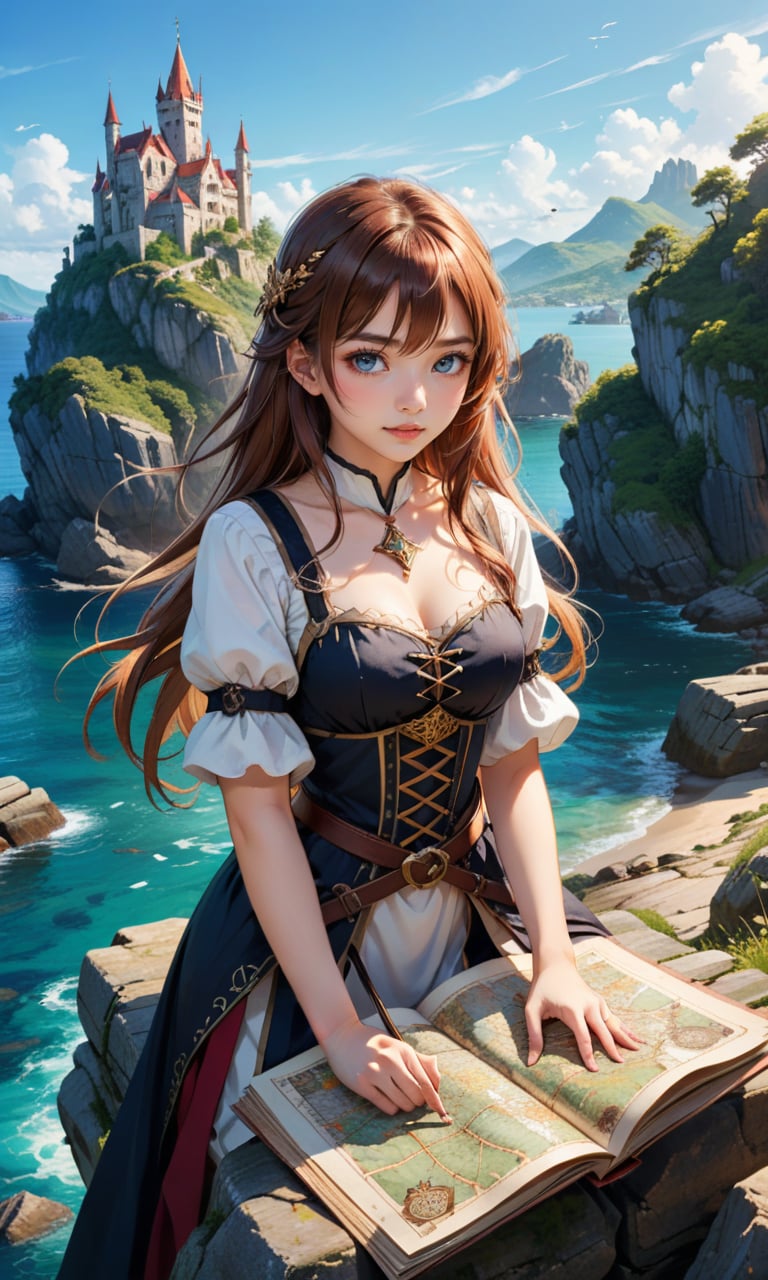 4n1v3rs3, zPDXL2,  In a soft anime illustration set in a fantastical medieval world, an attractive female Adventurer, her hair billowing in the wind, studies an ancient map while sitting on rocks and enjoying the stunning view. On the rocky islands floating in the sky, there is a village with medieval-style architecture, featuring tall towers and woode