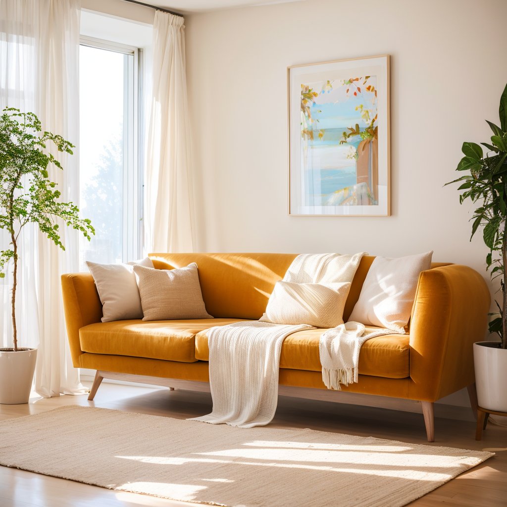 Interior, modern light luxury minimalist style, super wide Angle, soft light, white walls, sofa, sofa blanket, throw pillows, large picture window, 1 pot plant, white tulle curtain, early morning, RAW color photos, professional photos, masterpieces, best quality, realistic