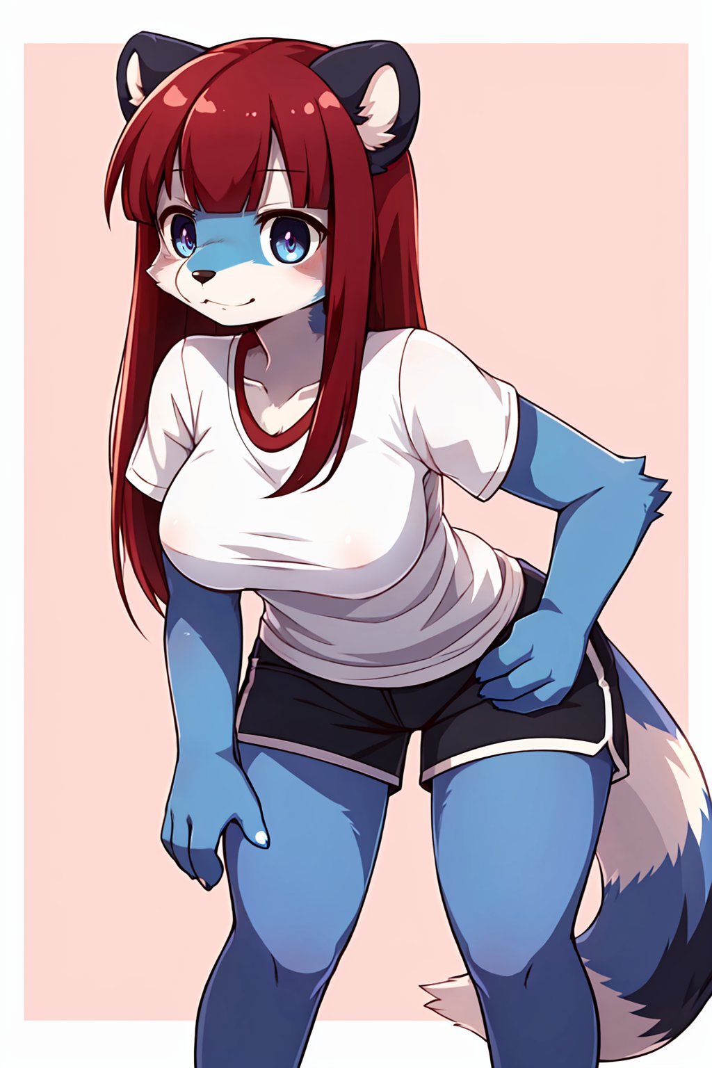 best quality, kemono, anime, female, furry, anthro, full body, solo, ((ferret)), (blue fur:1.2), medium_hair, spiralcurl, Wine_Red_hair, parted_bangs, Indigo_eyes, white T-shirt, shorts, Leaning forward with hands on thighs, medium breasts, wide hips