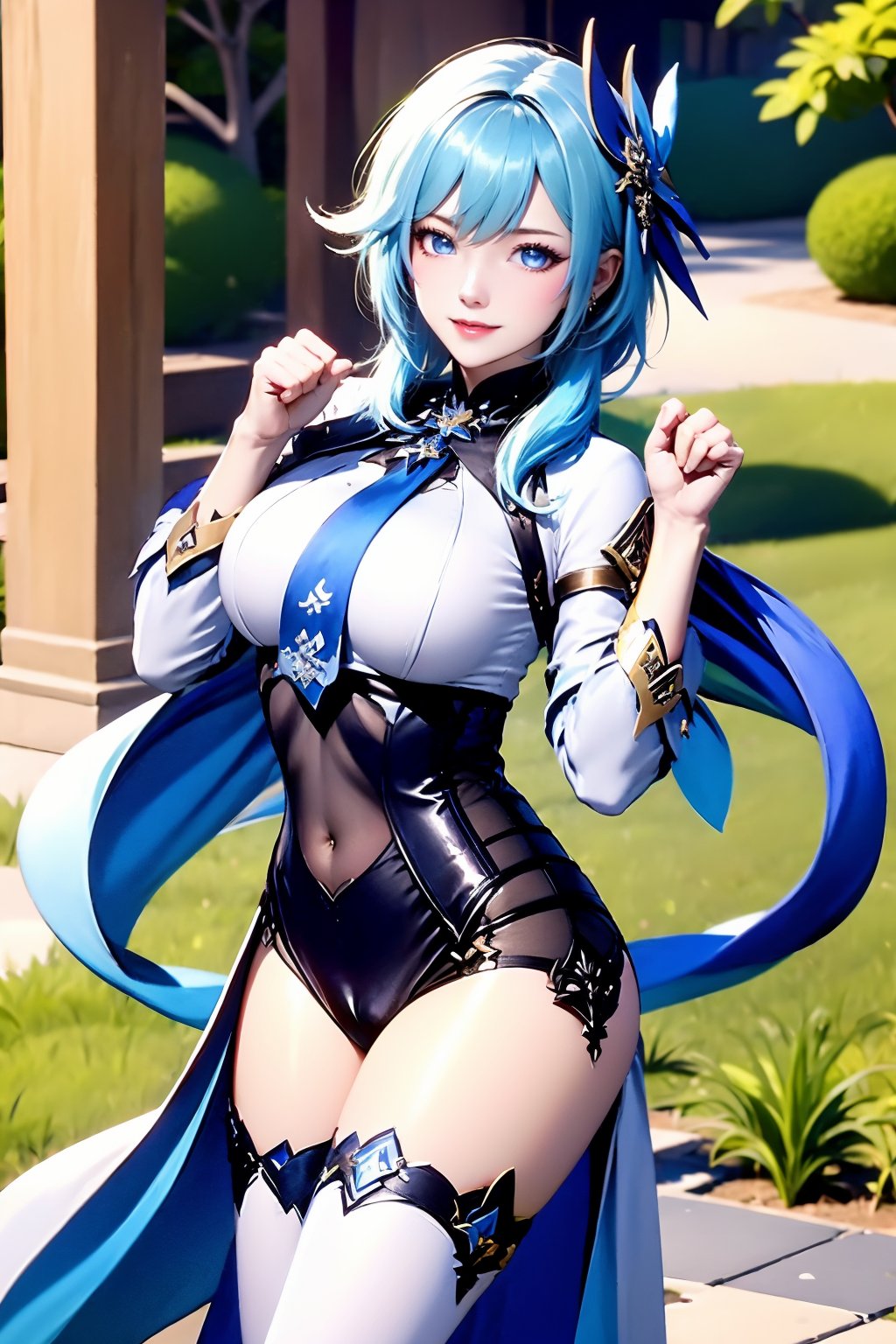 1girl, solo, eula \(genshin impact\), thighhighs, covered navel, blue hair, blue necktie, hairband, necktie, looking at viewer, black hairband, blurry background, black thighhighs, breasts, leotard, hair ornament, long sleeves, lips, blurry, blue cape, cape, medium hair, black leotard, skindentation, smile, paw pose, thighs, blue eyes, cowboy shot, parted lips, jewelry, large breasts, long hair, medium breasts, earrings, outdoors, boots, white shirt, shirt, thick thighs, thigh strap, gloves, cameltoe
