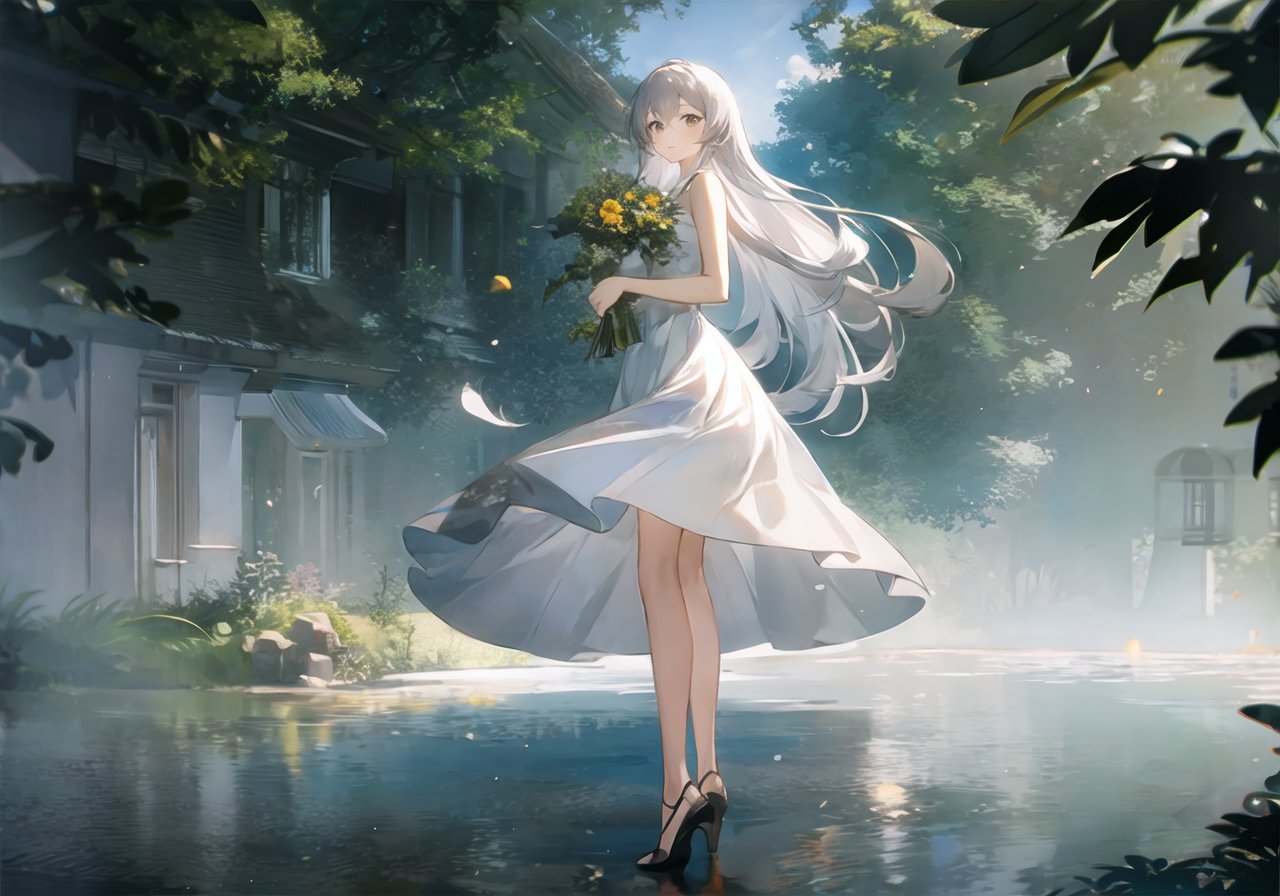 (masterpiece, best quality,top quality),1girl,silver hair,full body,looking_at_viewer,white dress,plant,chinese,Tindal effect,particle effects,impressionist art,portrait,reflective,