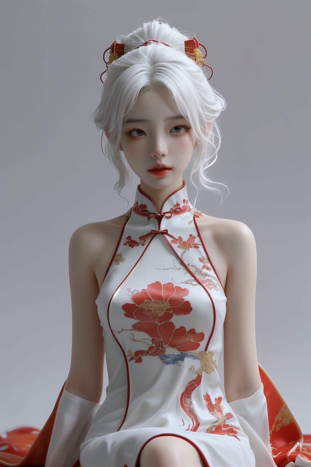 ananqc,a girl,red cheongsam,white hair,