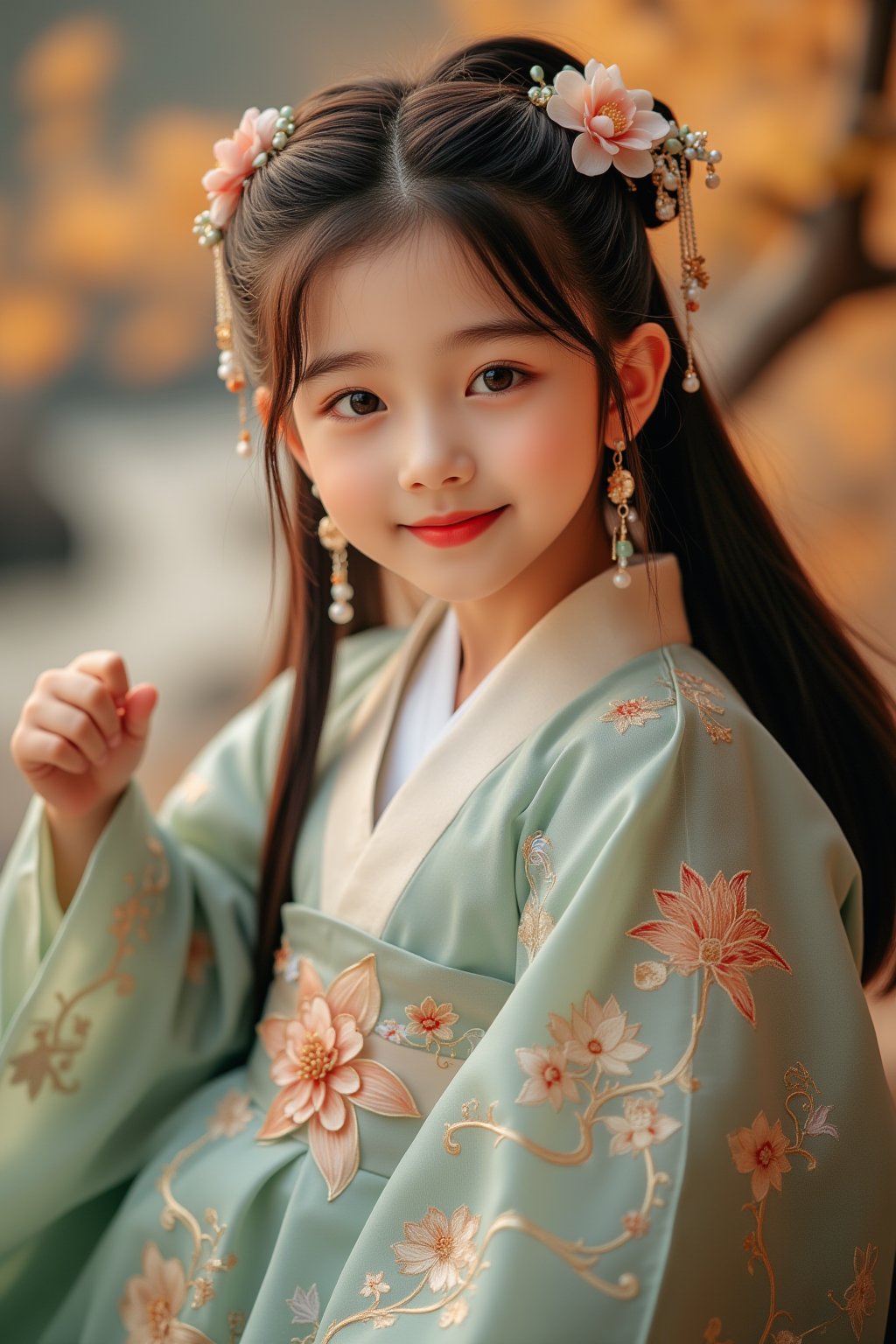 hanfu,1girl,solo,long hair,looking at viewer,smile,brown hair,black hair,hair ornament,long sleeves,closed mouth,upper body,flower,earrings,hair flower,blurry,black eyes,blurry background,chinese clothes,floral print,realistic,hanfu,