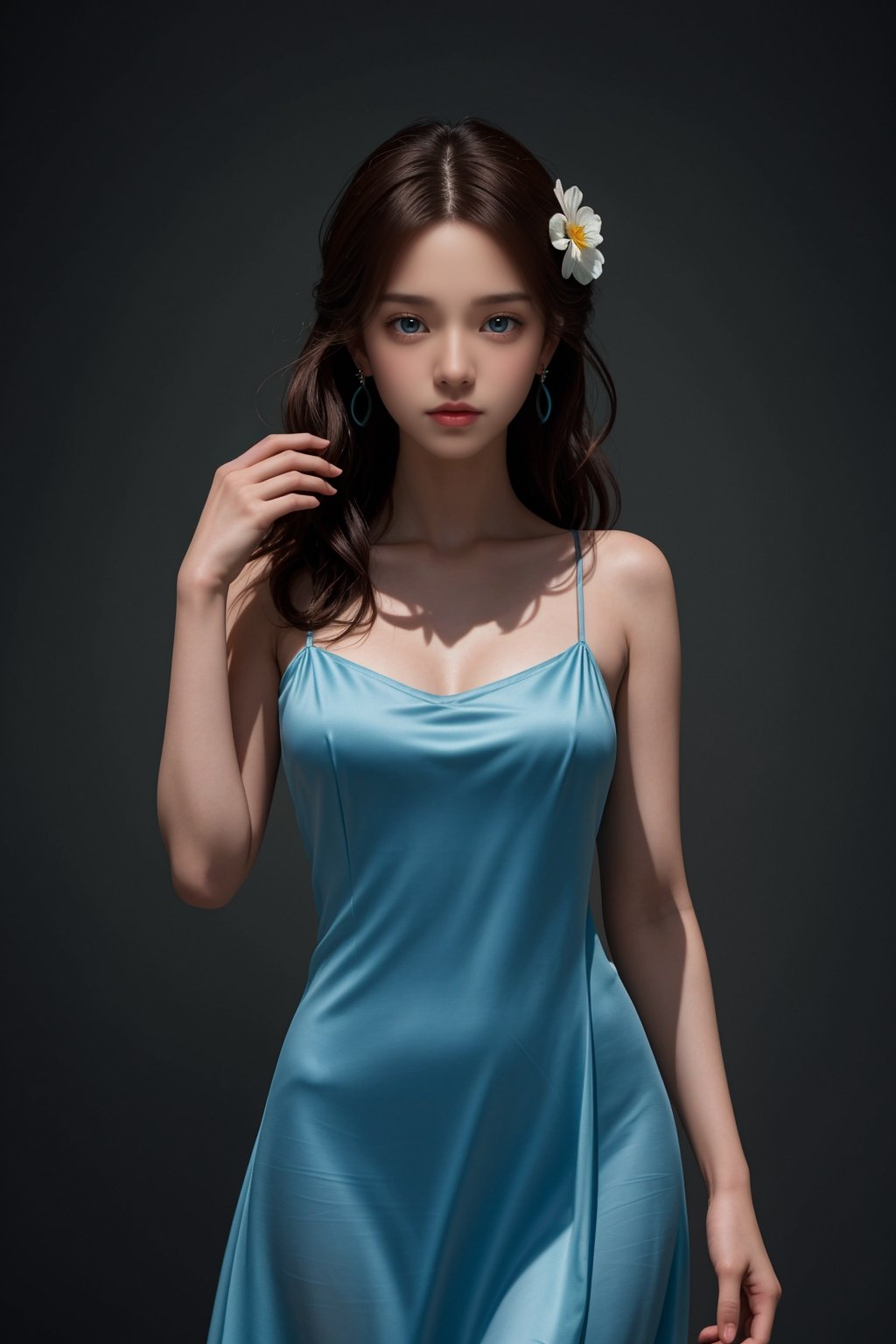 Here is the SD prompt:Render a stunning, ultra-detailed masterpiece featuring a loli girl with clear aqua eyes, slender figure, and realistic fair skin. She wears a beautiful, flowing silk summer dress that showcases her medium-breasts. armlet, earrings, pendant, The subject's delicate features are accentuated by soft, natural lighting. Her brown short hair falls gently around her face as she gazes directly at the viewer from a slight angle, her hand raised with a single flower resting delicately on her palm against her collarbone. Set against a gradient background, this full-length artwork exudes photorealism and perfection, making it a trending piece for ArtStation<lora:EMS-84091-EMS:1.000000>, <lora:EMS-3262-EMS:0.500000>, <lora:EMS-339099-EMS:0.400000>