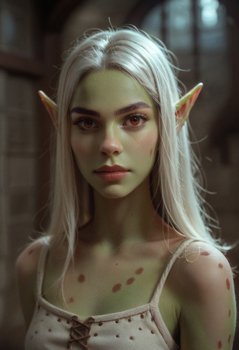 score_9, score_8_up, score_7_up, score_6_up, NSTLG, photorealistic, a girl, Gith, pointed ears, spots on skin, red nose, green skin, fantasy, dungeon background, long eyelashes, bangs, long white hair