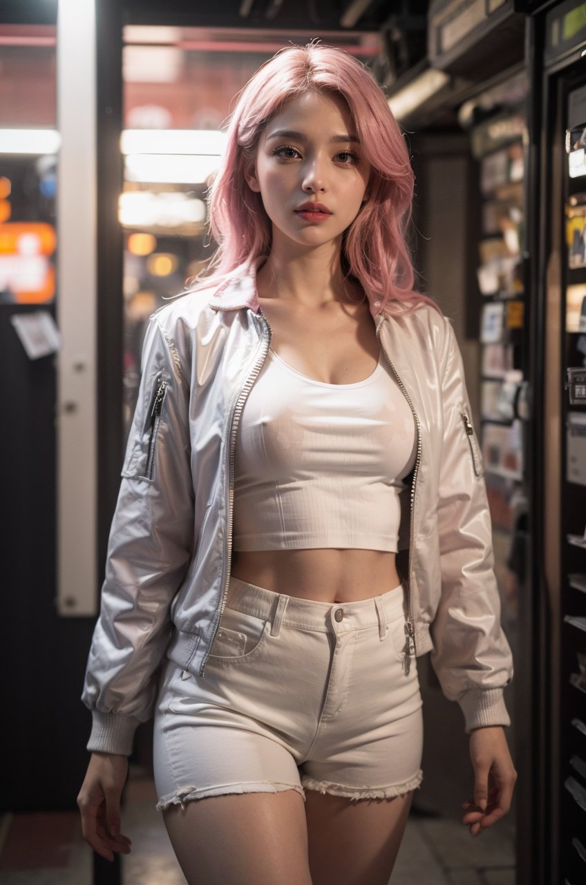 1girl, solo, long hair, breasts, looking at viewer, shirt, long sleeves, navel, (big breasts:1.1), standing, jacket, pink hair, cowboy shot, parted lips, shorts, midriff, open jacket, lips, crop top, short shorts, white shorts, realistic, pink jacket <lora:Enhanced Details Booster:0.6>, RAW photo, (masterpiece:1.3), subsurface scattering, heavy shadow, (high quality:1.4), (intricate, high detail:1.2), professional photography, HDR, High Dynamic Range, realistic, ultra realistic, photorealistic, high resolution, film photography, DSLR, 8k uhd, Fujifilm XT3