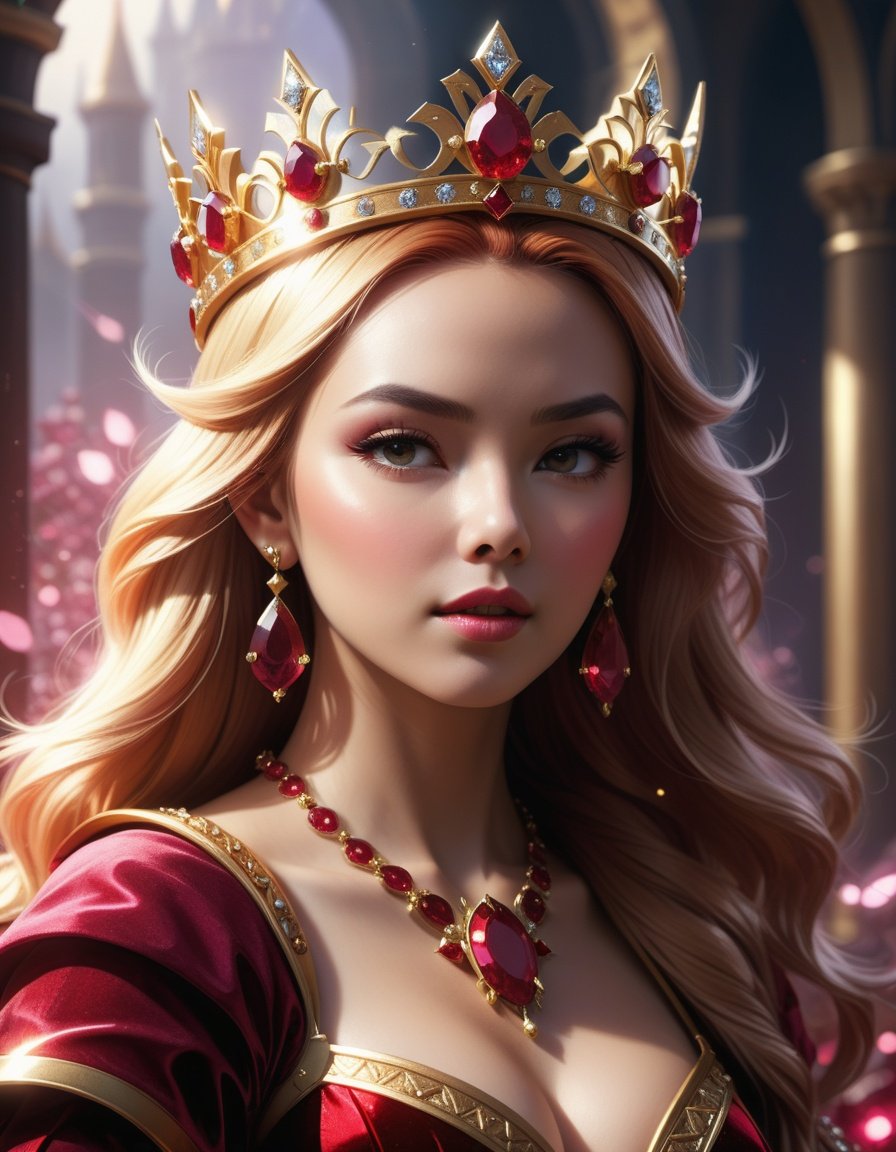 ((best quality)), ((masterpiece)), (detailed), close-up, person wearing costume, (Behance contest winner:1.2), fantasy art, crown of giant rubies, 3D goddess portrait, style of Ross Tran, captivating lighting, 8k resolution, striking facial expression, (elaborate costume details:1.3), vibrant colors, powerful presence, (ethereal glow:1.1), (masterpiece,best quality,ultra_detailed, highres, absurdres:1.2),