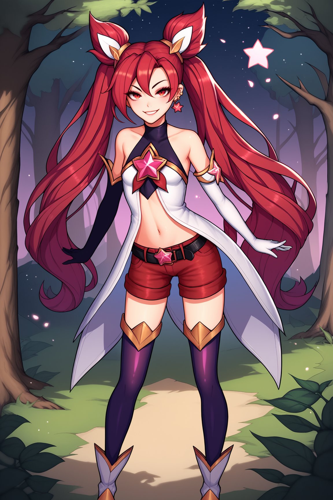 score_9, score_8_up, score_7_up, score_6_up, score_5_up, score_4_up, JinxSGLoLXL, star guardian (league of legends), red eyes, red hair, hair between eyes, twintails, cone hair bun, long hair, bangs, ear piercing, small breasts, bare shoulders, white dress, star (symbol), black elbow gloves, white elbow gloves, navel, black belt, red shorts, purple thighhighs, white boots, solo, standing, seductive smile, looking at viewer, forest, tree <lora:JinxSGLoLXL:0.8>