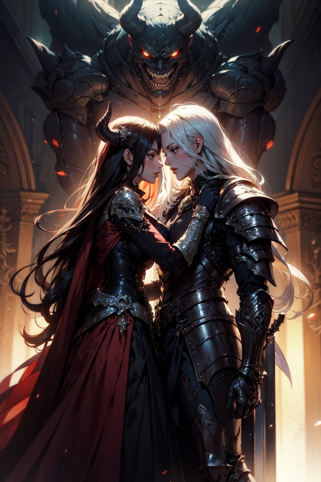 (masterpiece, top quality, best quality, official art, beautiful and aesthetic:1.2), extreme detailed, (fractal art), (a beautiful women next to a male demon:1), (1girl +1man), (demon man in armor wearing a mask next to a maiden), epic, love, emotional, embrace, closeup, very long white flowy hair, with sword, standing next to throne, side view, black and red, dress, black clothes, detailed long sleeves, large demon behind girl, highest detailed