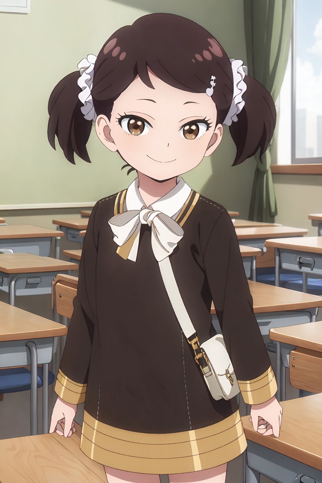 becky, 4k, absurd, high resolution, very high resolution, high definition, masterpiece, Hair ornament, certified lines, hair, scrunchie, hair scrunchie, (brown eyes: 1.5), smiling, long sleeves, dress, school, uniform school, socks, black dress, school uniform of the Eden Academy, rupture in the interior, classroom, break looking at the viewer, upper body<lora:EMS-382000-EMS:0.900000>