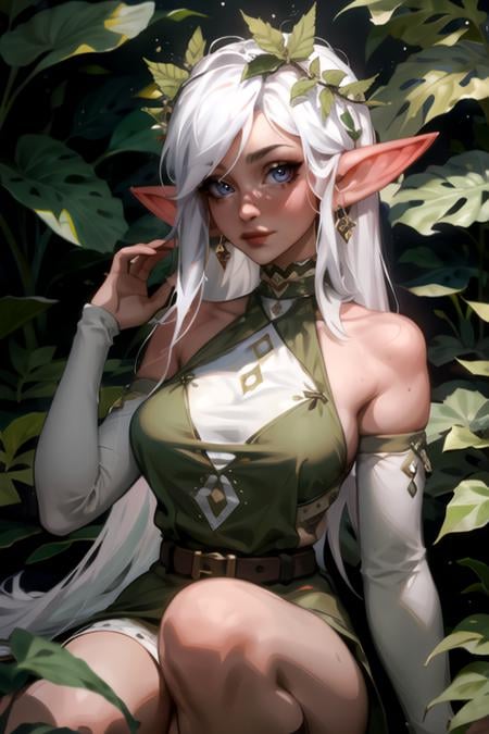 (masterpiece, best quality, sfw, by Sasha Khmel), 1girl, detailed eyes, long white hairs, elf ears, leaf outfit, forest, <lora:Sasha_Khmel_style_v1:0.9>