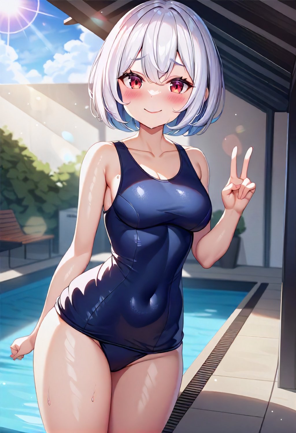 masterpiece,best quality, very aesthetic, absurdres,photoshop \(medium\),1girl,qsuku,blue qsuku,white hair,red eyes,short hair,V,small breasts,looking at viewer,poolside,<lora:qsukuSDXL_v1:1>,sunlight, cloudy sky, sun, building