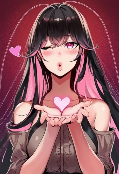 highly detailed, masterpice, concept art, digital art, HuijinPark, long hair, dark hair, pink hair, multicolored hair, pink eyes, antennae hair, blowing kiss, k1ss3s, looking at viewer, heart, one eye closed, blush