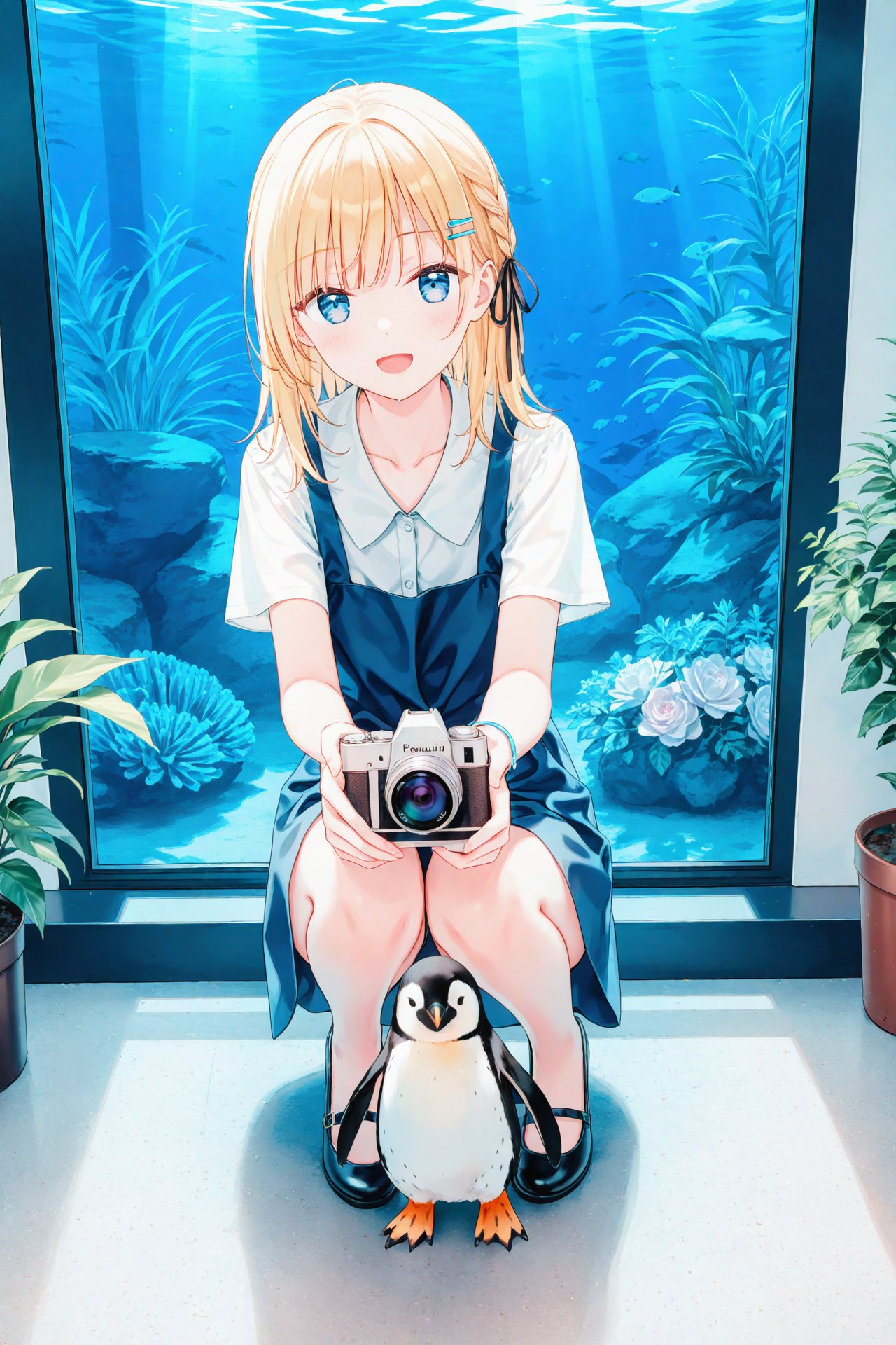 masterpiece,best quality,illustration,ultra detailed,hdr,Depth of field,(colorful),[Artist chen bin], Artist hiten (hitenkei), camera, penguin, 1girl, holding camera, bird, open mouth, white shirt, short sleeves, dress, shirt, holding, hair ribbon, smile, ribbon, braid, hair ornament, solo, black ribbon, blonde hair, animal, squatting, collarbone, sleeveless dress, :d, blue dress, plant, sleeveless, hairclip, blue eyes, looking at viewer, sitting, taking picture, long hair, aquarium, pinafore dress, medium hair, bracelet