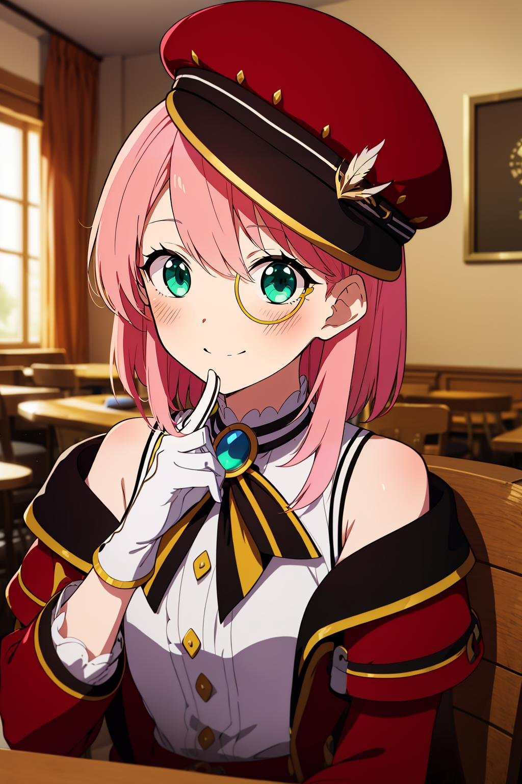 highres, sharp focus, pixiv masterpiece, ((intricate details)), highly detailed,best quality,masterpiece, high res,original, beautiful detailed eyes,ultra-detailed, 1girl, charlotte, hat, medium_hair, monocle, pink_hair, solo, green_eyes, gloves, red_jacket, long_sleeves, off_shoulder, shirt, looking_at_viewer,<lora:charlotte_v1:.8:lbw=OUTD>,red_headwear,looking at viewer, cap,swept bangs, brooch,ribbon,smile,blush,hair_feather,bare_shoulders,white_shirt, indoors,cafe, anime_coloring,anime_keyvisual, colorful,vivid<lora:envybetterhandsLocon_beta2:1>