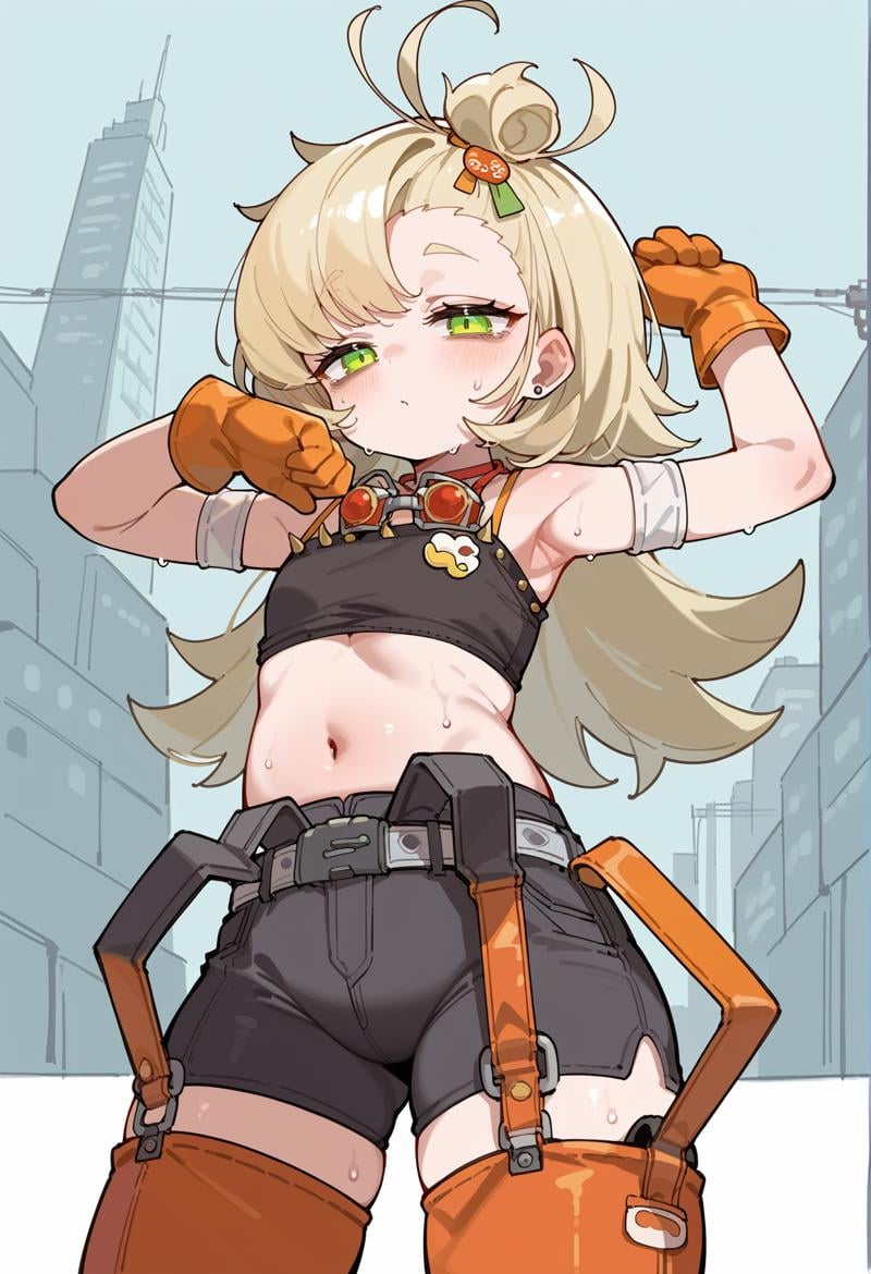 1girl, long hair, messy hair, blonde hair, green eyes, topknot, hair ornament, detached sleeves, orange gloves, tube top, Goggles Around Neck, shorts, chaps, Detached Leggings, stretching, looking at viewer, bags under eyes, sweat, outdoors, city  <lora:Piper_ZZZ:1>, score_9, score_8_up, score_7_up, score_6_up, score_5_up, score_4_up, BREAK source_anime, masterpiece