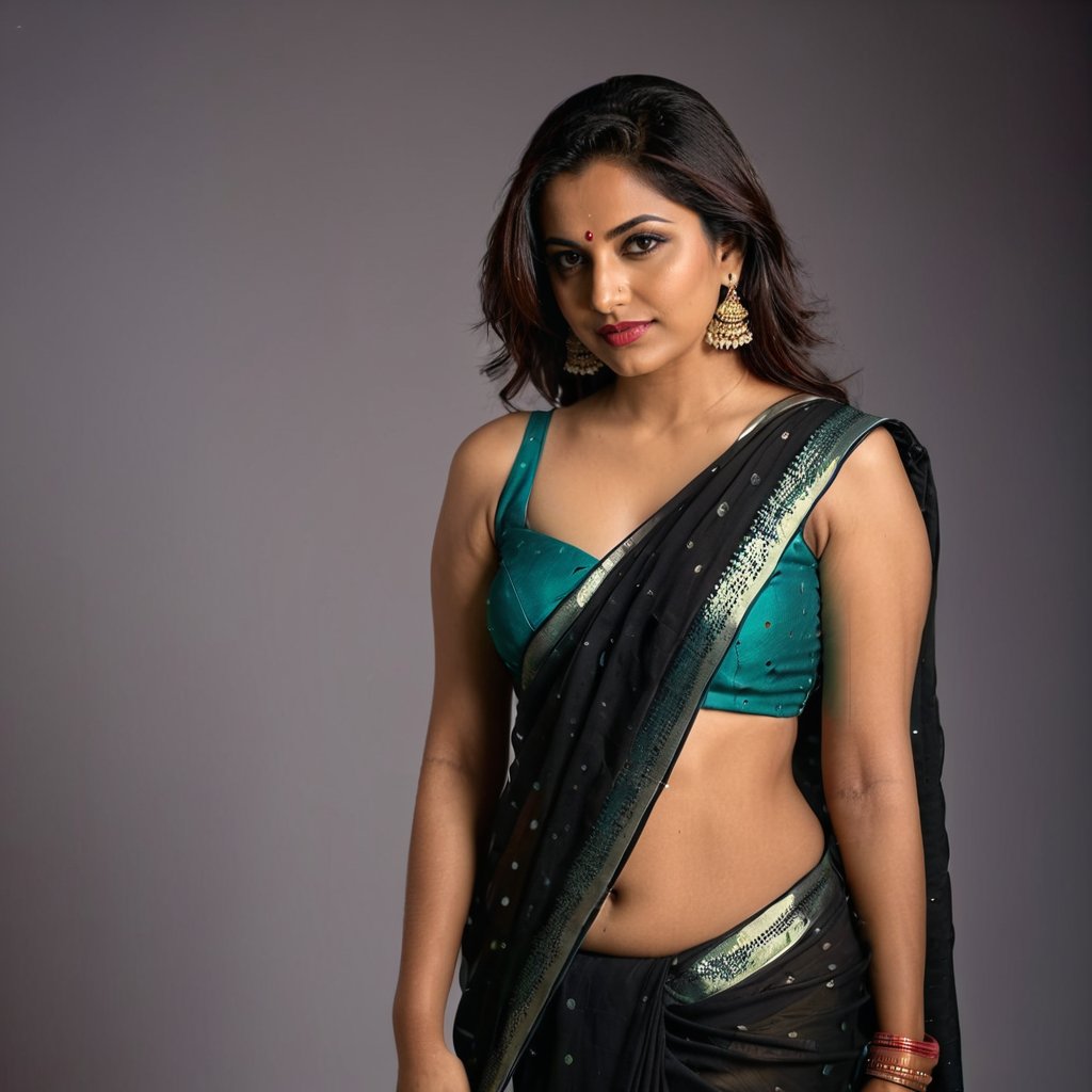 photo of a woman, wearing a sexy saree outfit, flat matte background, navel, RAW photo, 8k uhd, dslr, soft lighting, high quality, film grain, Fujifilm XT3<lora:sexy_saree-000006:0.6>