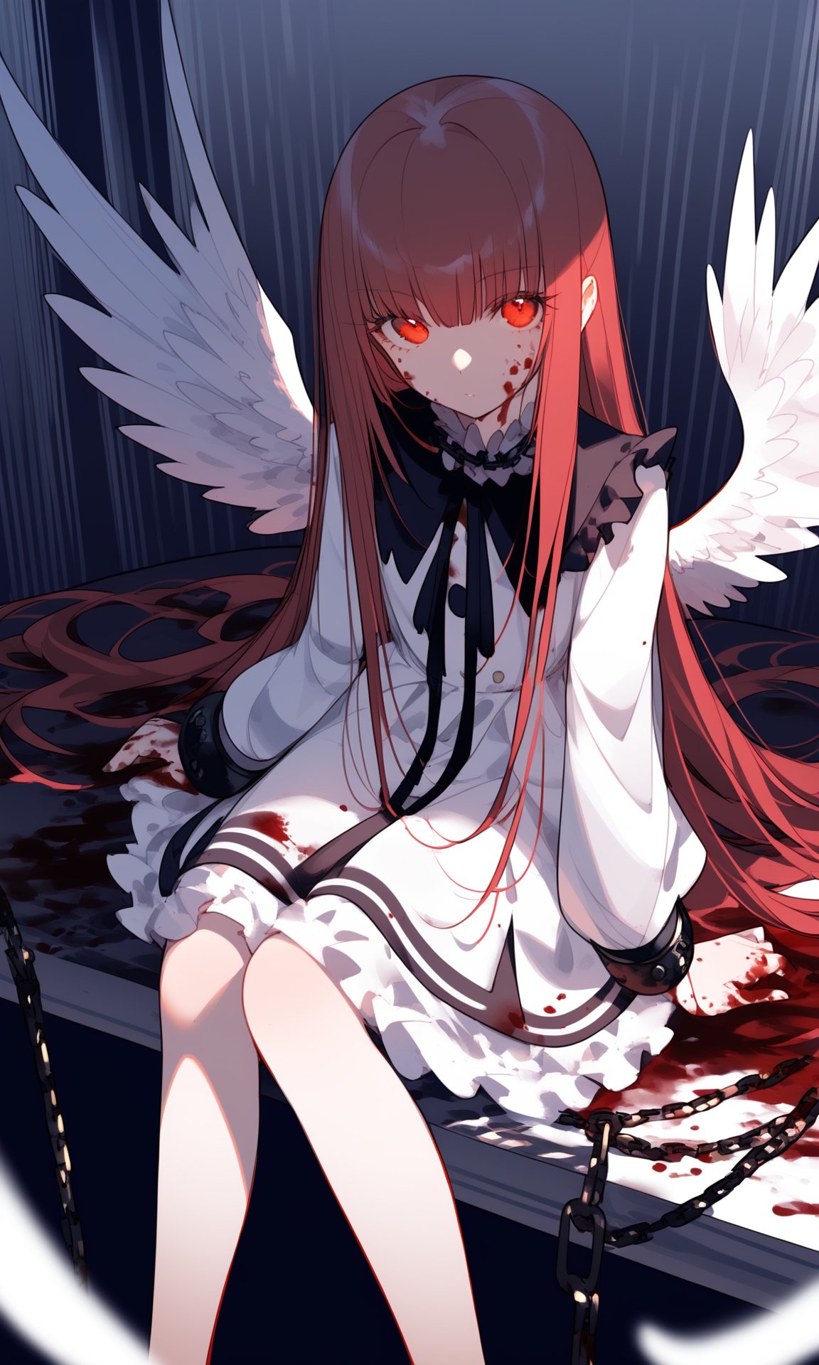 1girl,solo,wings,blood,long hair,sitting,chain,red eyes,blood on hands,feathered wings,barefoot,blood on face,blood from eyes,dress,long sleeves,cuffs,feathers,frills,looking at viewer,very long hair,white wings,bandages,shackles,bangs,