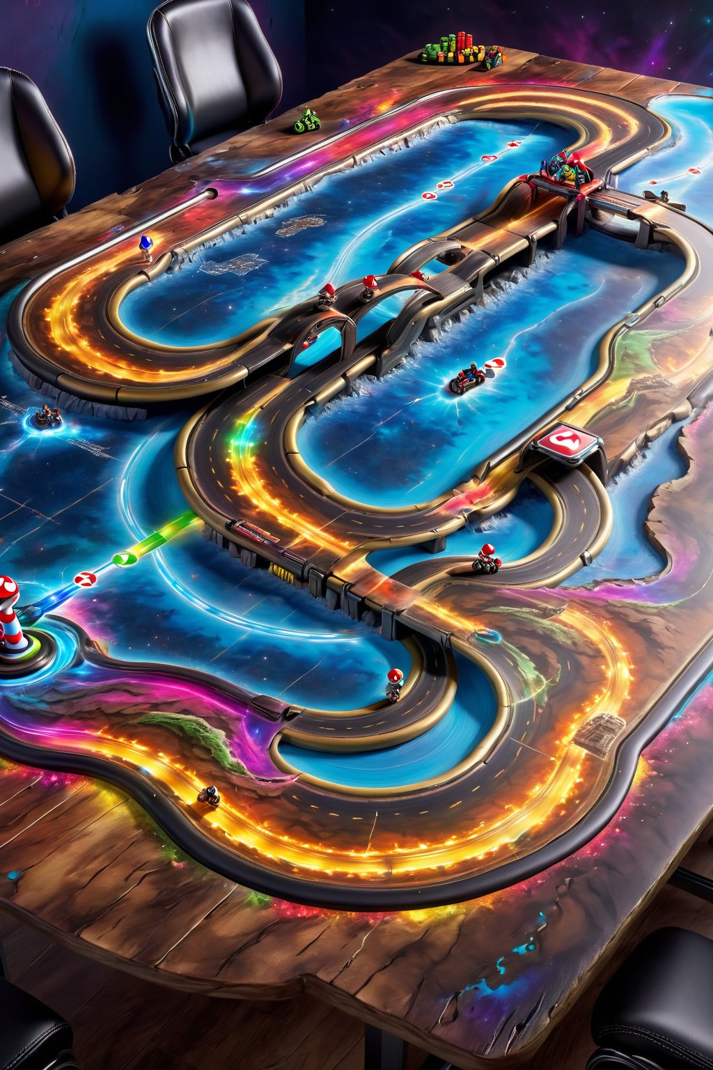 ( <lora:Magical_Parchment:0.8> map, Mario Kart track), magical multicolored ink, high quality, imagination, 8k, fantasy art, vivid magical colors, style-paintmagic,  on a gaming table