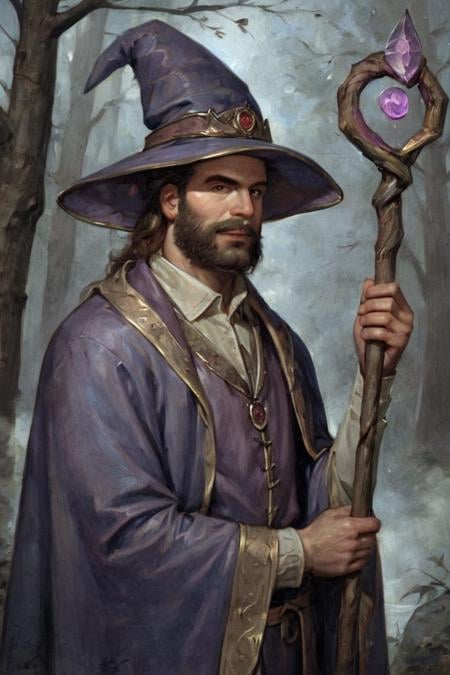 score_9, score_8_up, score_7_up, rating_safe, oil painting, traditional media, realistic, 1boy, solo, male focus, mature male, wizard, long hair, brown hair, black eyes, looking at viewer, hat, facial hair, beard, mustache, staff, wizard hat, purple hat, shirt, collared shirt, robe, purple robe, cloak, holding, holding staff, upper body, standing, outdoors, forest, nature, tree, fog, dark background <lora:Cold Oil Gothic Style SDXL_LoRA_Pony Diffusion V6 XL:1>