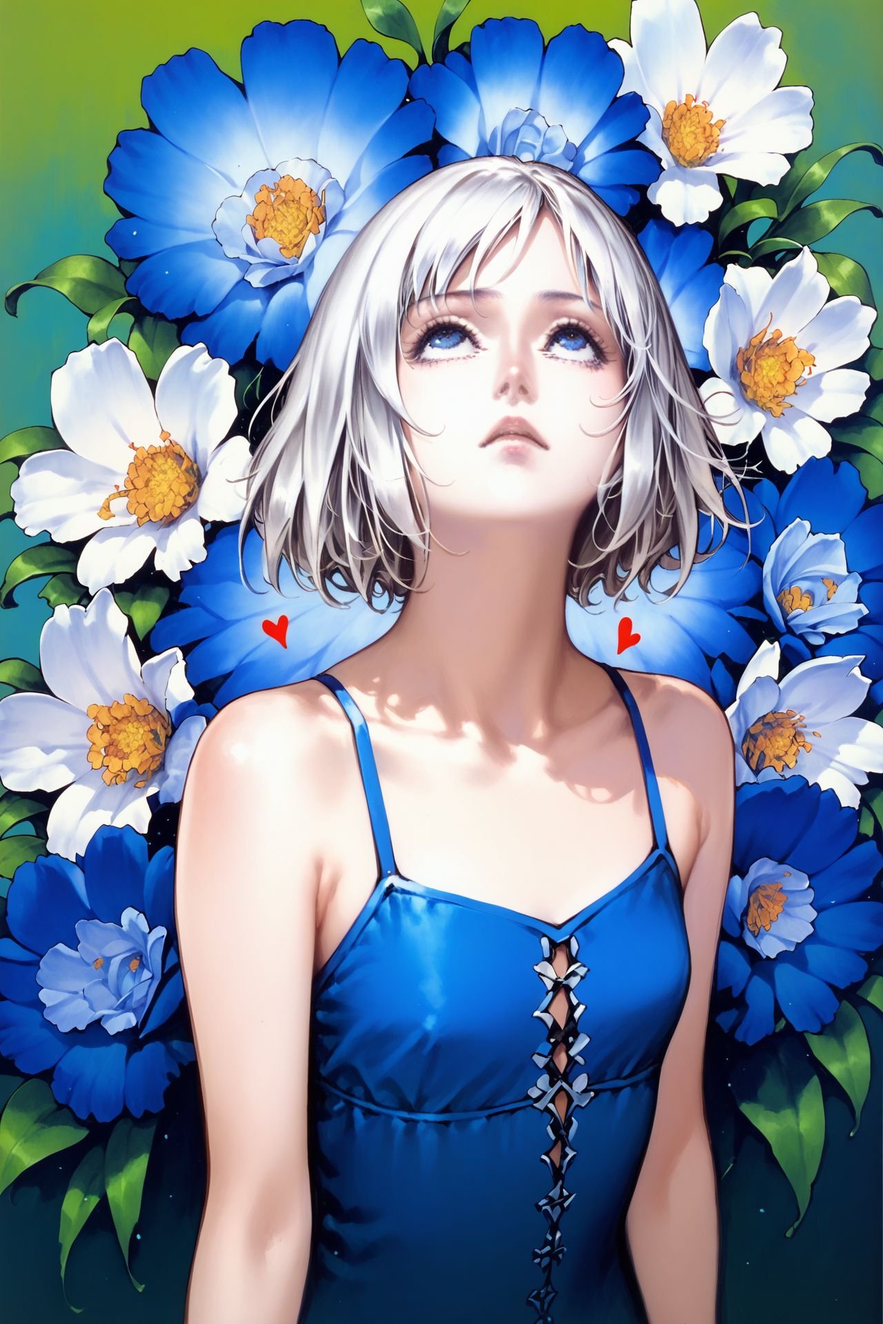 score_9, score_8_up, score_7_up, 1girl, looking up, frown, silver hair, heavy_fringe, blue eyes, flat chest, Godetia \(flower\), heart_background <lora:Kojima_Ayami_PonyXL_style_v01:1>