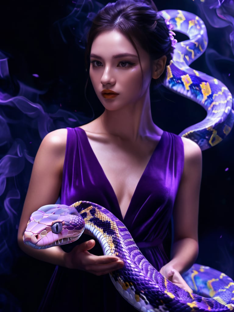 (a glowing snake:1.5), a girl wearing a purple dress, lighting, fantasy, black background, high detail, cinematic <lora:Glowing Snake:0.85>