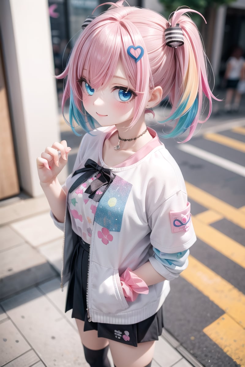 insanely detailed, absurdres, ultra-highres, ultra-detailed, best quality,1girl, solo, nice hands, perfect handsBREAK(Harajuku-style Decora pank fashion:1.5), (girl with layered colorful clothing:1.3), (multiple hair clips),knee-high socks with different patterns, carrying a plushie, standing in front of a graffiti wallBREAK(nsfw:-1.5)BREAKhappy smile, laugh, closed mouthBREAK,standing, cowboy shot, looking at viewerBREAKslender, kawaii, perfect symmetrical face, ultra cute girl, ultra cute face, ultra detailed eyes, ultra detailed hair, ultra cute, ultra beautifulBREAKin school ground, depth of field, ultra detailed backgroundBREAKmedium large breastsBREAK(random color hair, multicolored hair:1.2), rainbow color eyes, bob with bangs, hair between eyes