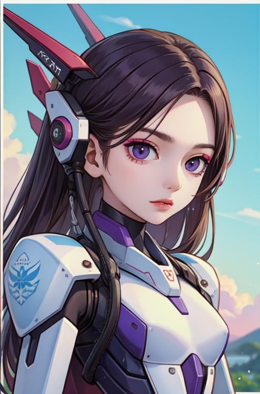 masterpiece,best quality,upper body,1girl,small breasts,mecha,muted color,impressionism,border,widow's peak,purple eyes,makeup,sideways