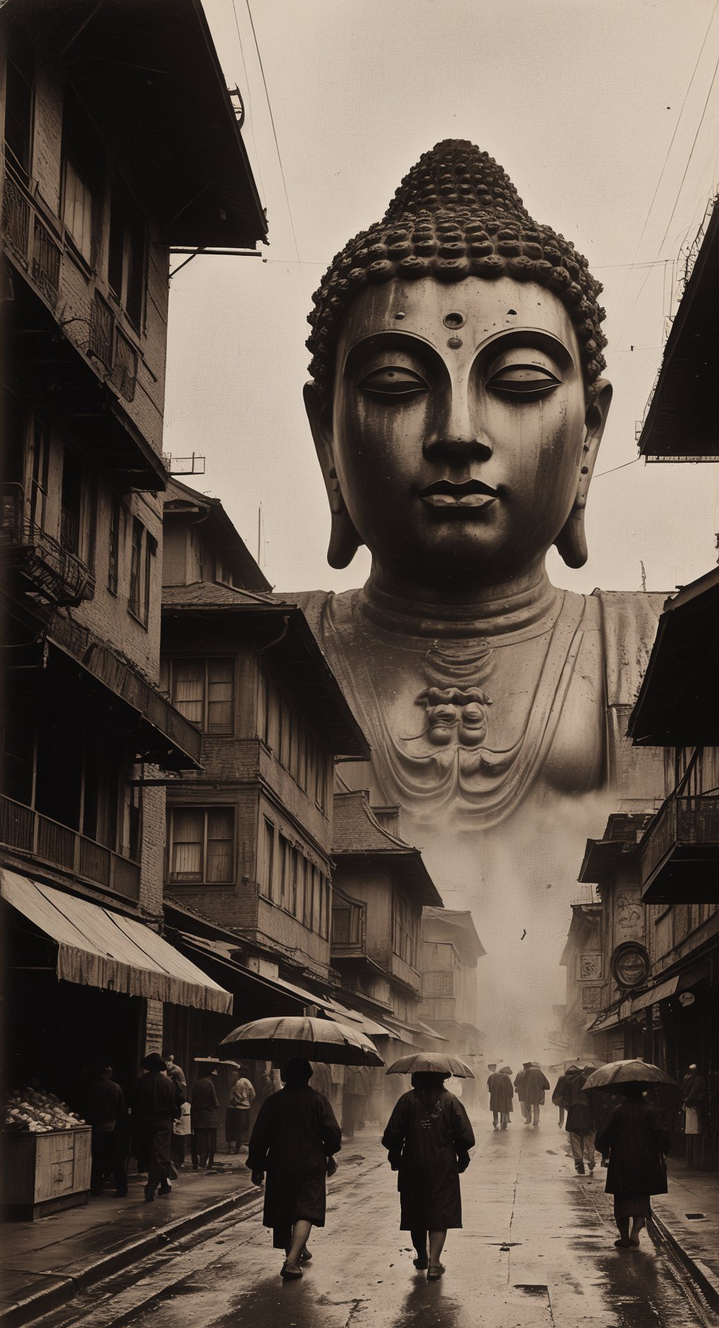 sepia old photo, damaged, scratches, early 19th century, futurism, market street, dense fog, rain, cyberpunk city life, alleyway, giant buddha head in the background, mecha, street vendors, traditional clothing, urban setting, pedestrians, architectural details, outdoor market, <lora:oldPhoto_v1.0:0.9>, 