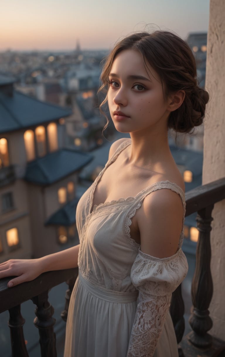 A girl, on the top floor balcony, holding on to the railing, looking at the audience,very aesthetic, highres, 4k, 8k, intricate detail, cinematic lighting, amazing quality, amazing shading, detailed Illustration, official artwork, wallpaper, official art, extremely detailed eyes and face, beautiful detailed eyes,  full body, 