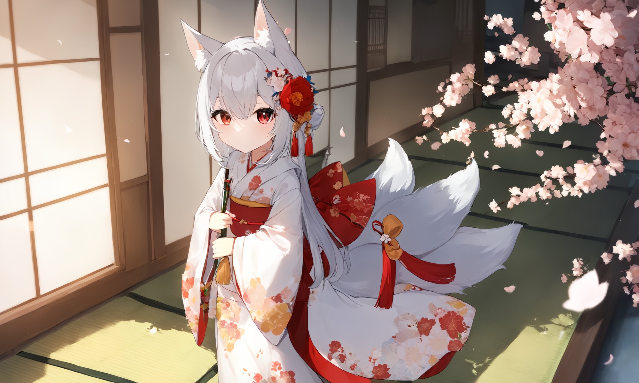 1girl, solo, tail, multiple tails, animal ears, bird, red eyes, fox ears, uchikake, japanese clothes, veil, tail, flower, solo, fox tail, looking at viewer, kimono, white hair, fox girl, standing, long sleeves, wide sleeves, indoors, bangs, eyebrows visible through hair, tatami, full body, closed mouth, white kimono, bride, wedding dress, red flower, bridal veil, yellow flower, holding, tree, floral print, hair ornament, hood, see through, from side, sidelocks, animal ear fluff, tassel, short hair, long hair, dress, white flower, silver hair, ribbon, peony \(flower\), hair between eyes, railing, cherry blossom,masterpiece, best quality, absurdres, recent, newest, safe, sensitive