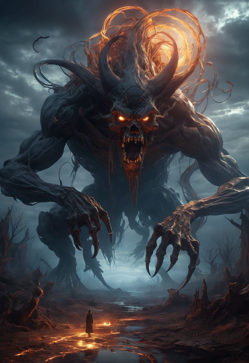 This description is about a work of art created by Phil Koch and Meghan Howland. The theme is a frightening and amazing ghost Jinnat, Jinn, Demon, Ifrit, etc. The work also contains elements of horror, being haunted. The work is set against the background of the night scene, using a luminism style, with ultra-high details and 32k resolution. It uses a complex background, dynamic light processing, and lighting effects. The work is a digital painting with complex and highly detailed poses.