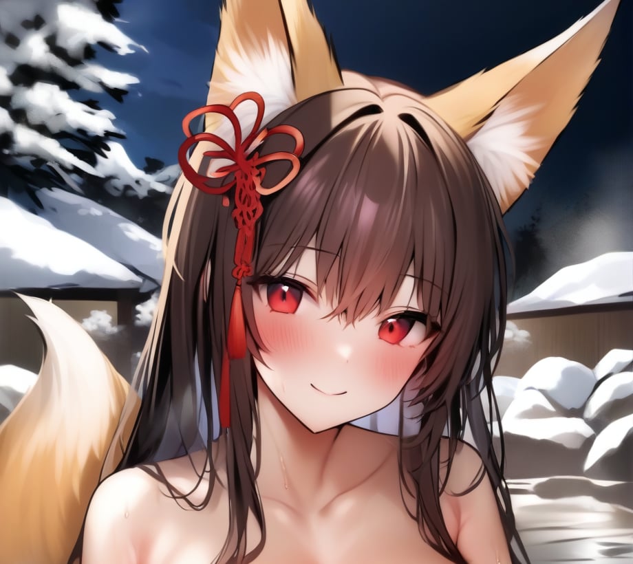 1girl, long hair, animal ears, brown hair, score_9, red eyes, smile, outdoors, tree, fox tail, looking at viewer, hair ornament, onsen, bathing, submerged, yuyu \(yuyuworks\), 