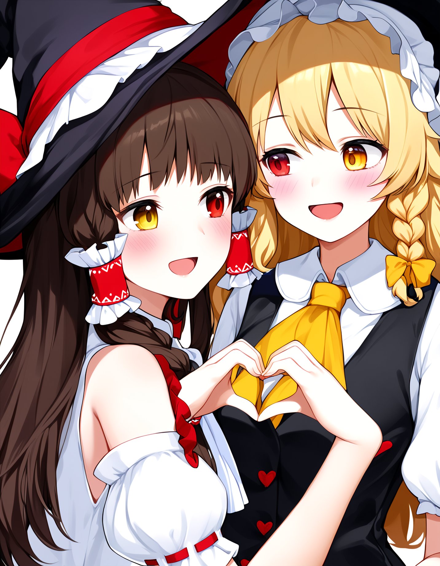 best quality, masterpiece, absurdres, fashion, hakurei reimu, kirisame marisa, long hair, blush, smile, open mouth, shirt, blonde hair, multiple girls, brown hair, red eyes, hat, bow, 2girls, bare shoulders, upper body, yellow eyes, braid, short sleeves, heart, hair bow, frills, one eye closed, detached sleeves, puffy sleeves, looking at another, yuri, vest, red bow, puffy short sleeves, black headwear, ascot, single braid, witch hat, hair tubes, white bow, hat bow, ribbon trim, side braid, black vest, ribbon-trimmed sleeves, ;\), yellow ascot, heart hands, frilled bow, frilled hair tubes, heart hands duo, 