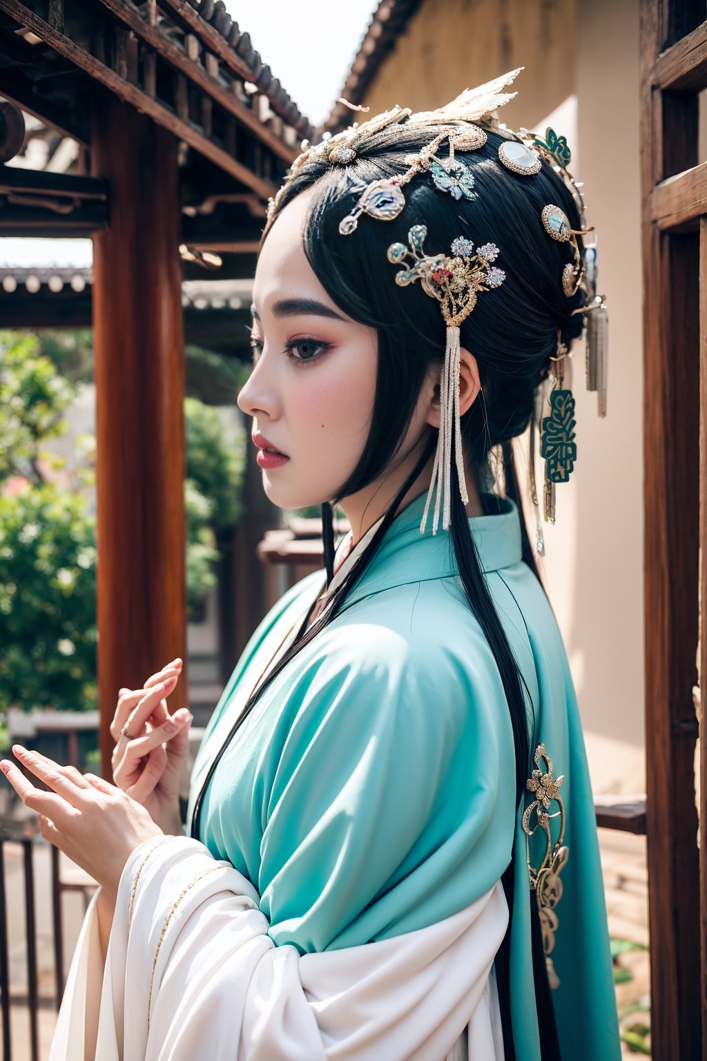 gugong, Sky, cloud, sky, 1 Hanfu girl, fine headdress, solo, outdoor, blue sky, scenery, East Asian architecture, architecture, Forbidden City, road, 8K, photographic light, RAW photos, high resolution, hyfine profile, Wide Angle