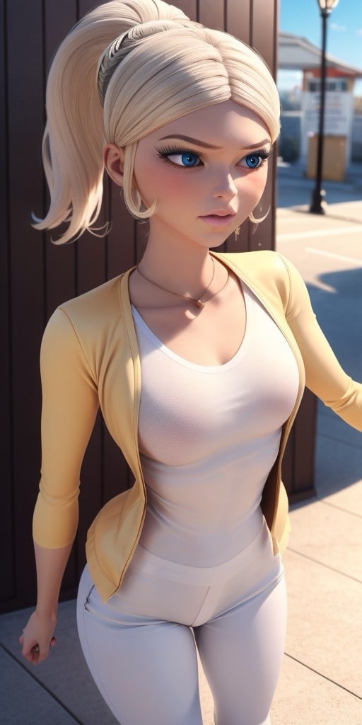 Hyperrealistic, photorealistic, super detailed, (unbuttoned yellow jacket), (white T-shirt), white jeans, expressive brilliant cobalt blue eyes, perfect face, pale pink lips, light honey blonde hair, hair parted in the middle while pulled back into a high ponytail held in place by a white hair tie, pale light grayish cerulean eye-shadow, light scarlet blush, pale, light pink lipgloss, body like in real life, large pores, fair skin, slender, beautiful arms, very little very flat breasts, unreal engine, octane render, droped shadow, bokeh, cinematic lighting, <lora:add_detail:0.5>, <lora:Volumetric_lighting:0.6>, Chloe Bourgeois, , <lora:a24b2644-9452-483e-9fb6-638ba1ae90ac:0.7>