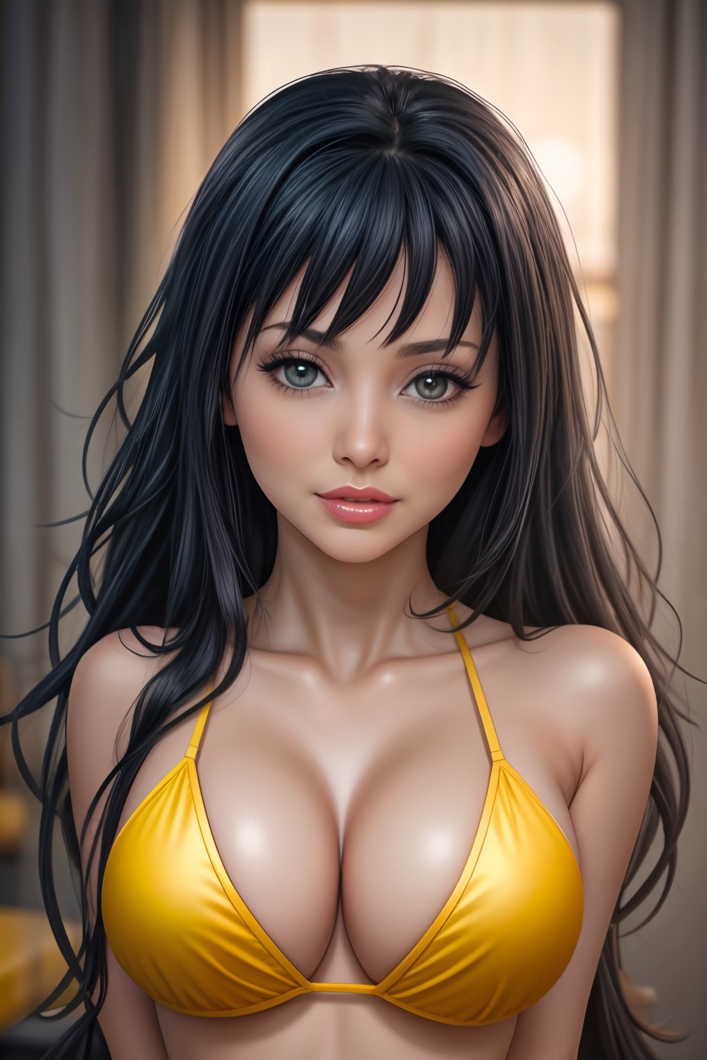 413tta 0c34n, a woman (masterpiece), (realistic:1.3), (photorealistic:1.2), (raw photo:1.2), (best quality:1.2), (detailed face:1.4) (beautiful detailed gray eyes:1.4), (detailed hair), light on face, large file size, photo lighting, 1 woman, eyeliner, kawaii, student, (long wavy black hair:1.3) ((expressionless eyes)), (large breasts:1.3), pink lips, (yellow bikini:1.3), (figure standing front:1.5), in a room.<lora:aletta-ocean-04:0.9>.<lora:lcm-lora-sdv1-5:1> <lora:add_detail:0.5>