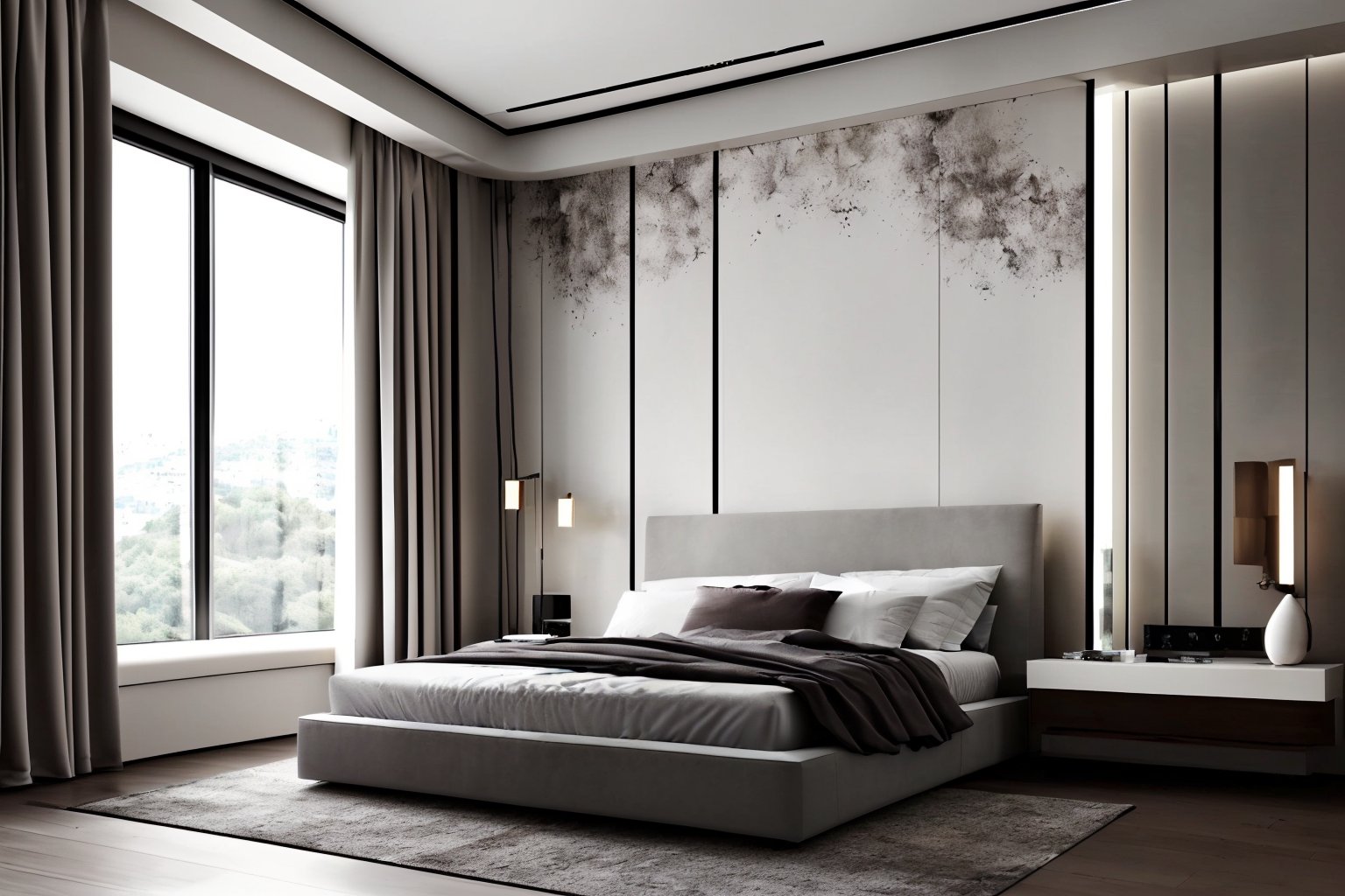 interior design,bed room,Chinese style,no humans,indoors,lamp,bed,pillow,curtains,scenery,window,