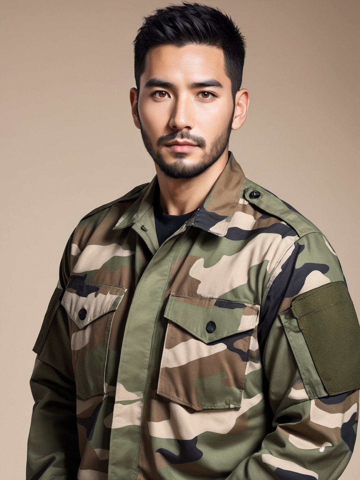 1boy, male focus, solo, facial hair, camouflage, black hair, realistic, beard, looking at viewer, upper body, shirt, jacket, military, camouflage jacket, short hair, black shirt, closed mouth, military uniform, uniform, brown eyes, simple background, masterpiece,best quality,