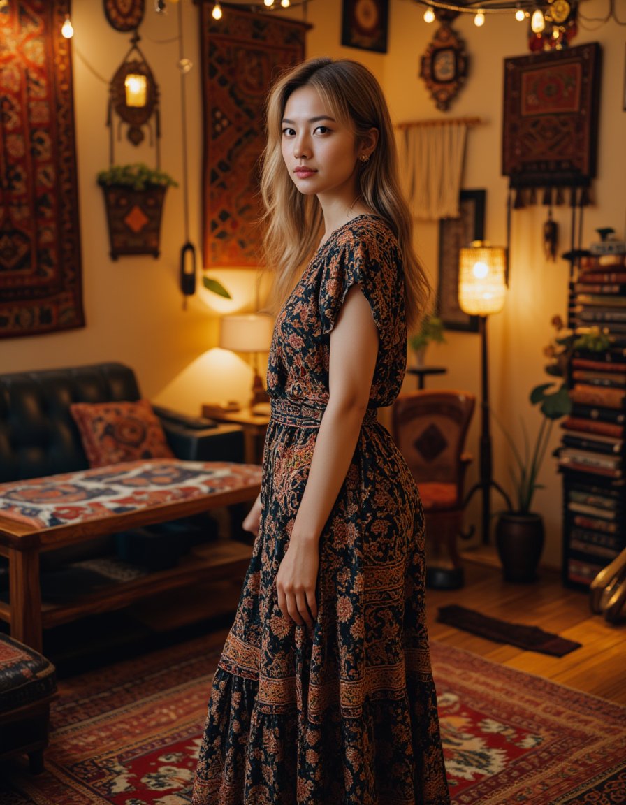 bohoai girl, A captivating woman photographed from a medium distance, standing confidently in an indoor setting with a clear and detailed background. The room is styled in a Bohemian theme, adorned with rich and intricate decor. Vibrant textiles, layered rugs, and macrame hangings contribute to the cozy, eclectic atmosphere. The woman's attire complements the room's aesthetic, flowing with boho-inspired patterns and textures. The lighting is warm, filling the space with a soft glow, highlighting both the intricate details of the room's decorations and the woman's poised, elegant stance. The combination of the rich decor and her charm creates a visually captivating and detailed scene, blending style and personality <lora:hinaFluxBohoGirlMix-dev_v1-rev2:0.9>