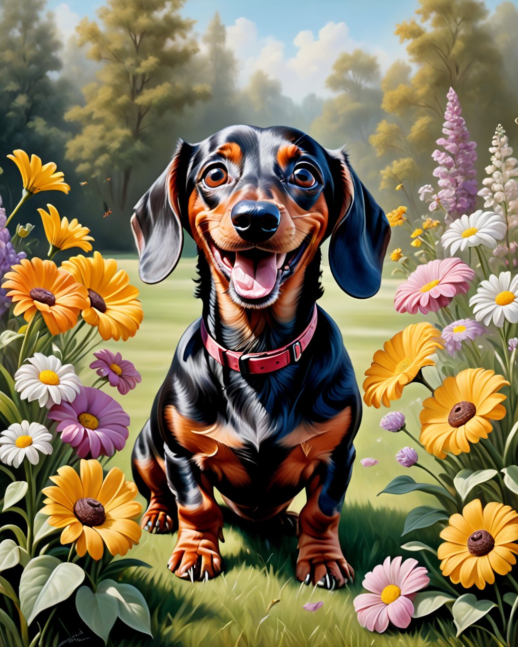 <lora:purtest5124x05:1> A hyper-realistic oil painting, of an happy Dachshund , playing with flowers in the background, full body portrait, capturing intricate details and texture on canvas