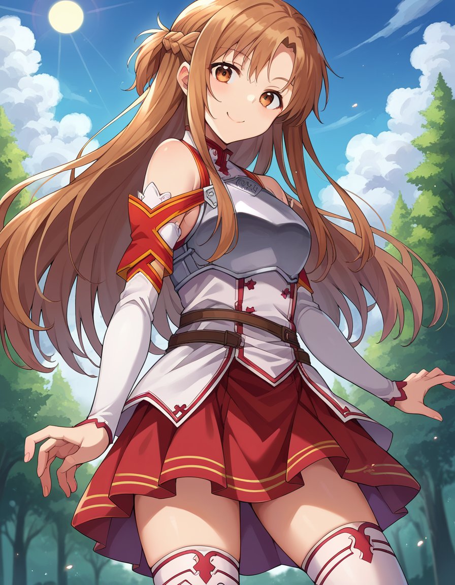 score_9, score_8_up, score_7_up, source_anime, asunayuuki, <lora:asuna-yuuki-ponyxl-lora-nochekaiser:1>, asuna yuuki, long hair, brown hair, brown eyes, braids, smile, skirt, thighhighs, bare shoulders, detached sleeves, armor, white thighhighs, breastplate, red skirt, outdoors, forest, nature, sky, sun, clouds, looking at viewer, cowboy shot, dutch angle, dynamic pose,