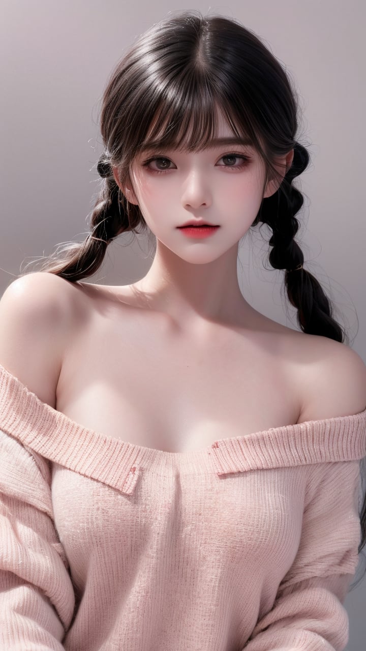 1girl,solo,twintails,looking at viewer,off shoulder,realistic,parted lips,bare shoulders,long hair,upper body,black background,breasts,simple background,collarbone,white hair,off-shoulder shirt,lips,red lips,bangs,grey eyes,shirt,nose,eyelashes,makeup,off-shoulder dress,