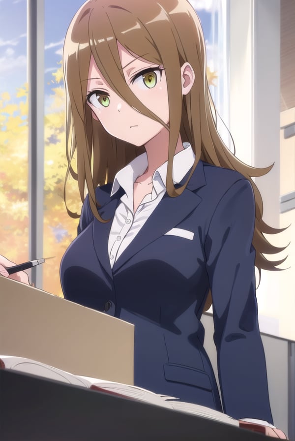 rumikaaina, <lora:rumika aina s1-lora-nochekaiser:1>,rumika aina, long hair, brown hair, hair between eyes, (green eyes:1.3),BREAK skirt, shirt, jacket, formal, suit, office lady, skirt suit,BREAK indoors, classroom,BREAK looking at viewer,BREAK <lyco:GoodHands-beta2:1>, (masterpiece:1.2), best quality, high resolution, unity 8k wallpaper, (illustration:0.8), (beautiful detailed eyes:1.6), extremely detailed face, perfect lighting, extremely detailed CG, (perfect hands, perfect anatomy), 