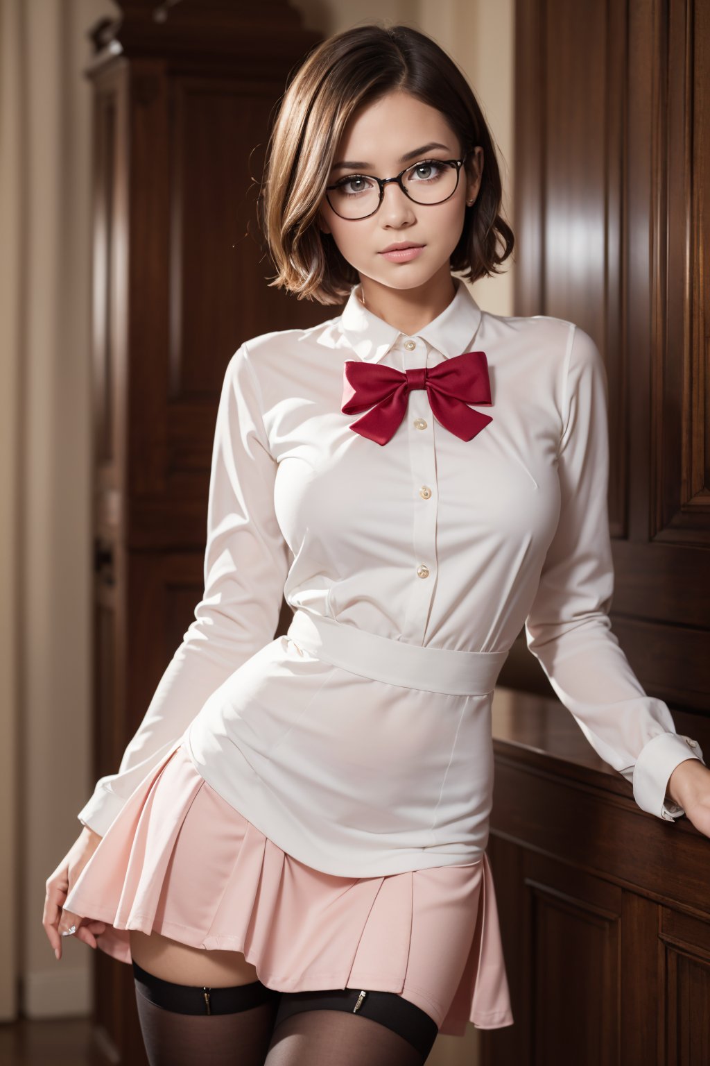 (Best Quality, Masterpiece:1.2),Solo, Photorealistic,,(Big Eyes,beautiful detailed eyes, short hair, wearing glasses, megane symmetric eyes,),,, (Red White dress), Stocking,crushed velvet, skirt, bow, ribbon, jewel, Sheer long sleeves,Frills,Thigh,Pink BackGround, 