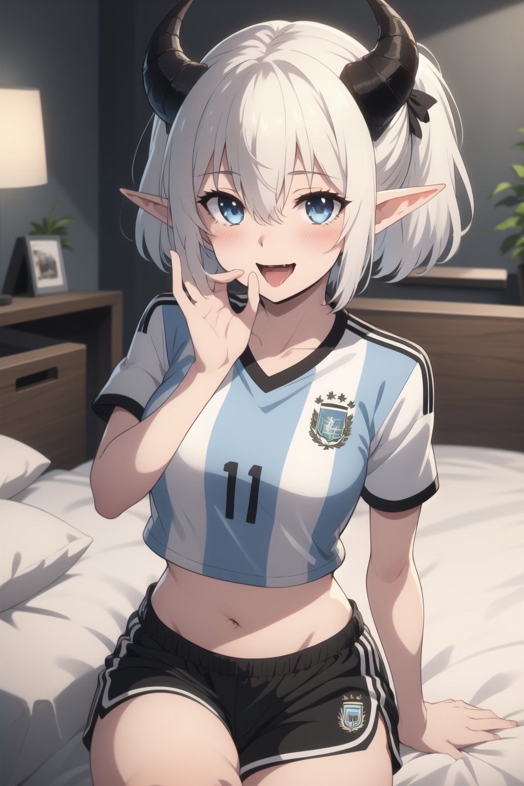 masterpiece,best quality,extreme detail,8k,face detailed,  <lora:Mialygosa-10:1>   Mialygosa, 1girl, solo, looking at viewer, blush, smile, short hair, blue eyes, shirt, navel, hair between eyes, medium breasts, collarbone, ponytail, number 10, white hair, short sleeves, thighs, horns, shorts, pointy ears, midriff, short shorts, black shorts, blue shirt, demon horns, sportswear, soccer uniform, double pigtail, sparkling eyes,  indoors, bed<lora:felges1-000024:1>, saliva, symbol-shaped pupils,