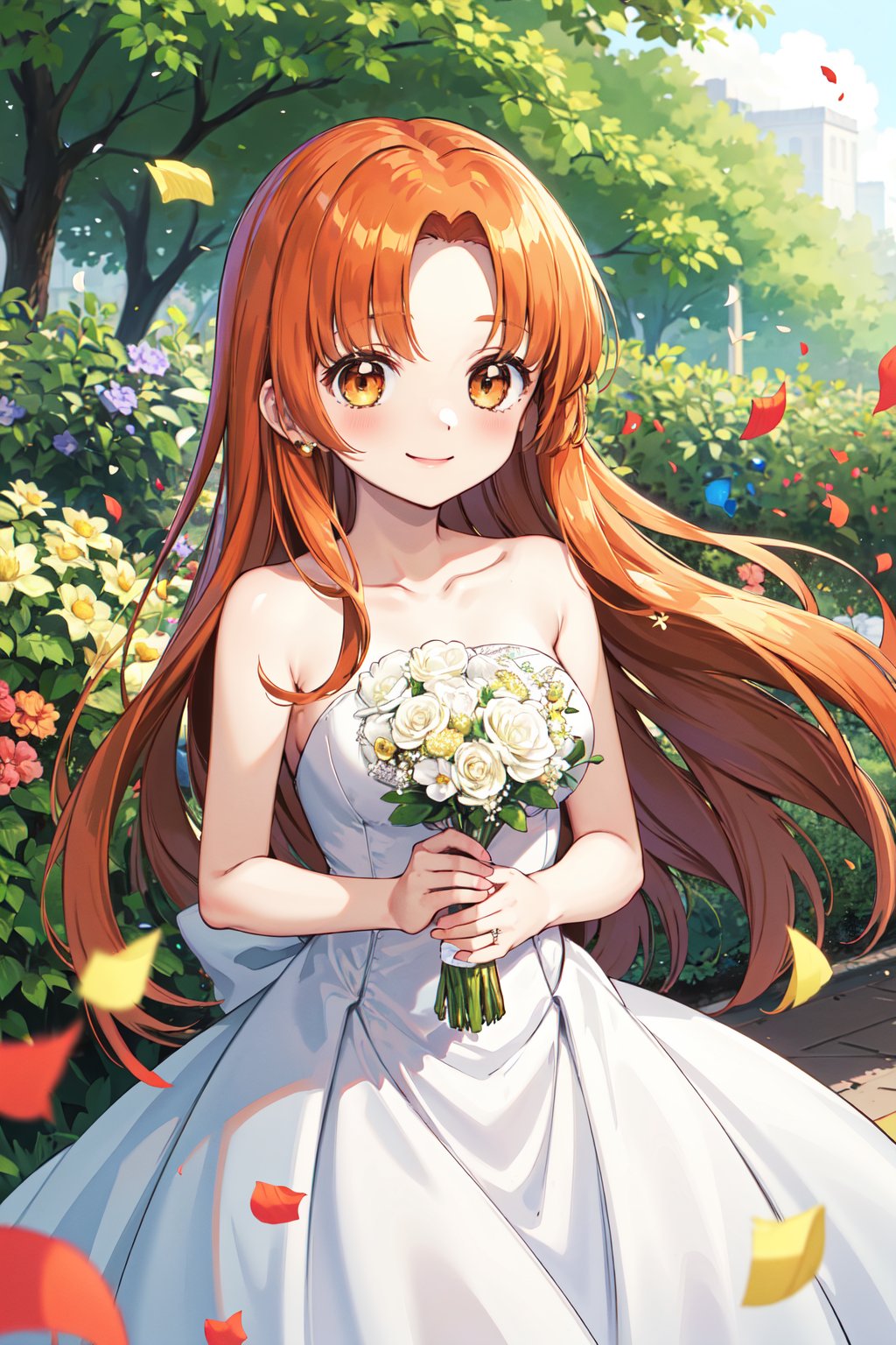 masterpiece, best quality, highres, 1girl, solo, long hair, orange hair, parted bangs, brown eyes, <lora:seira_v1:0.7>, wedding dress, white dress, garden, smile, holding bouquet, confetti, 