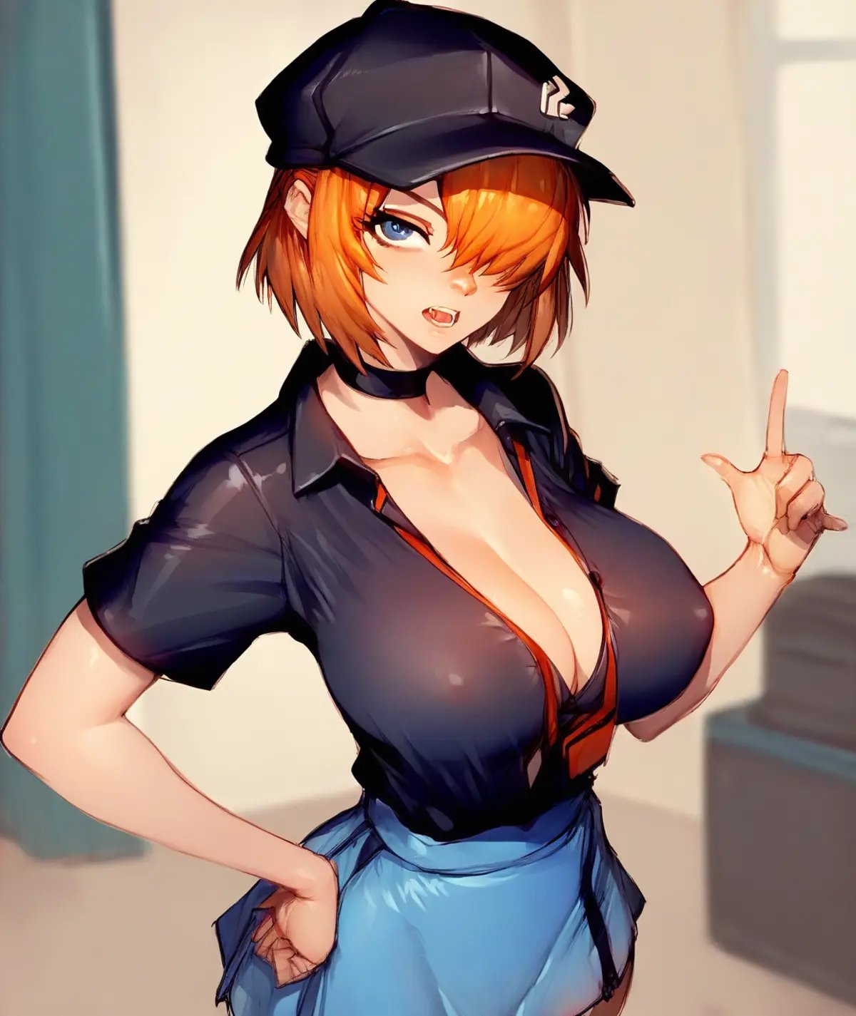 score_9,score_8_up,score_7_up, <lora:fumio:1> fumio, 5_fingers, 1girl, breasts, shirt, hat, solo, black shirt, hand on hip, hair over one eye, blurry background, choker,  huge breasts, blurry, open mouth, cleavage, short hair, short sleeves, black headwear, one eye covered, bangs, looking at viewer, black choker, partially unbuttoned, collared shirt, (makeup:1.2), uniform, skirt, bob cut, employee uniform, necktie, large breasts, teeth, nipple through clothes, souryuu_asuka_langley, neon_genesis_evangelion, 1girl, blue_eyes, orange_hair