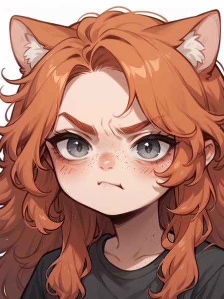 score_9, score_8_up, score_7_up, score_6_up, <lora:3m0t3XLP:1>3m0t3, ginger hair, blush, 1girl, freckles, grey eyes, long hair, Fr3ckles, <lora:Fr3ckledXLP:0.2> white background, cat ears, grumpy